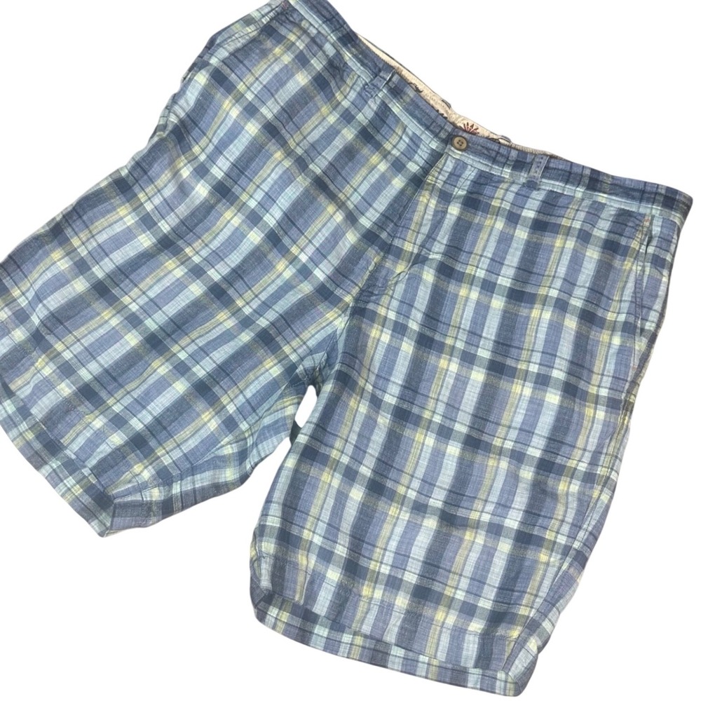Tommy Bahama Plaid Shorts Mens 40 Blue Yellow Linen Tencel Blend Casual Summer